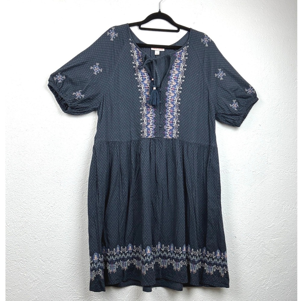 Knox Rose Blue Embroidered Babydoll Dress - L - Boho Tassel Peasant Summer